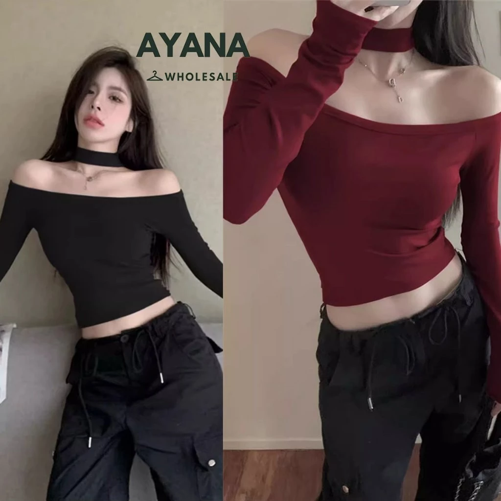 เสื้อครอปสำหรับผู้หญิง เปิดไหล่ เอวลอย ดีเทลสายคล้องคอ แฟชั่นสาวเกาหลี Sexy เข้ากับทุกลุค