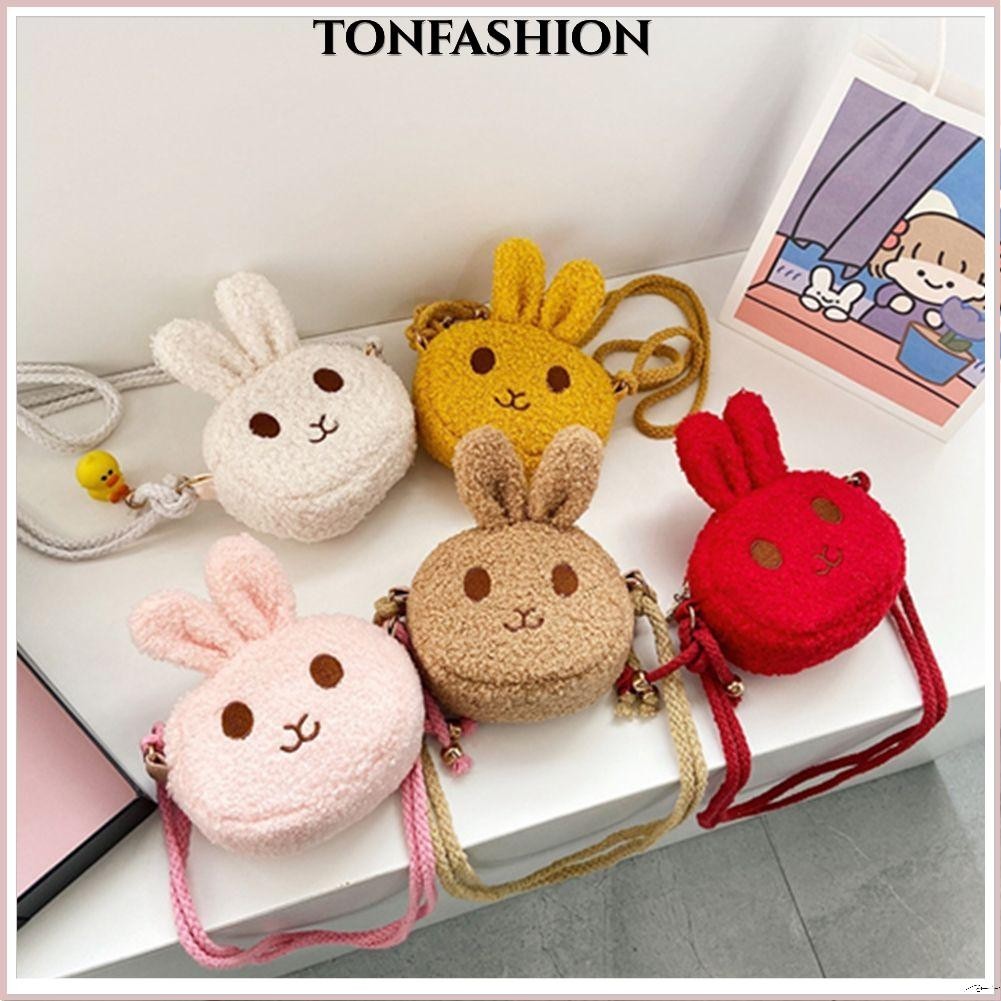 Tonfashion กระเป๋าถือ กระเป๋าสะพายไหล่ ผ้ากํามะหยี่ขนนิ่ม ลายกระต่ายน่ารัก ขนาดเล็ก สําหรับเด็กผู้หญิง