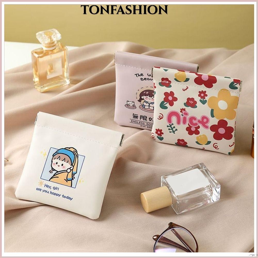 Tonfashion กระเป๋าเครื่องสําอาง ขนาดเล็ก ลายการ์ตูน ปิดอัตโนมัติ กระเป๋าลิปสติก กระเป๋าแต่งหน้า หนัง Pu นุ่ม แบบพกพา