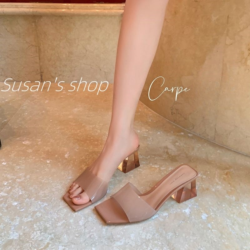 รองเท้าแตะแฟชั่น รองเท้าส้นตึก✨*ส้นคริสตัลใส รุ่นเกาหลี, สูง 5.5cm ของจริงก็สวยครับ💛Size 34-40💕ของจริงก็สวยครับ