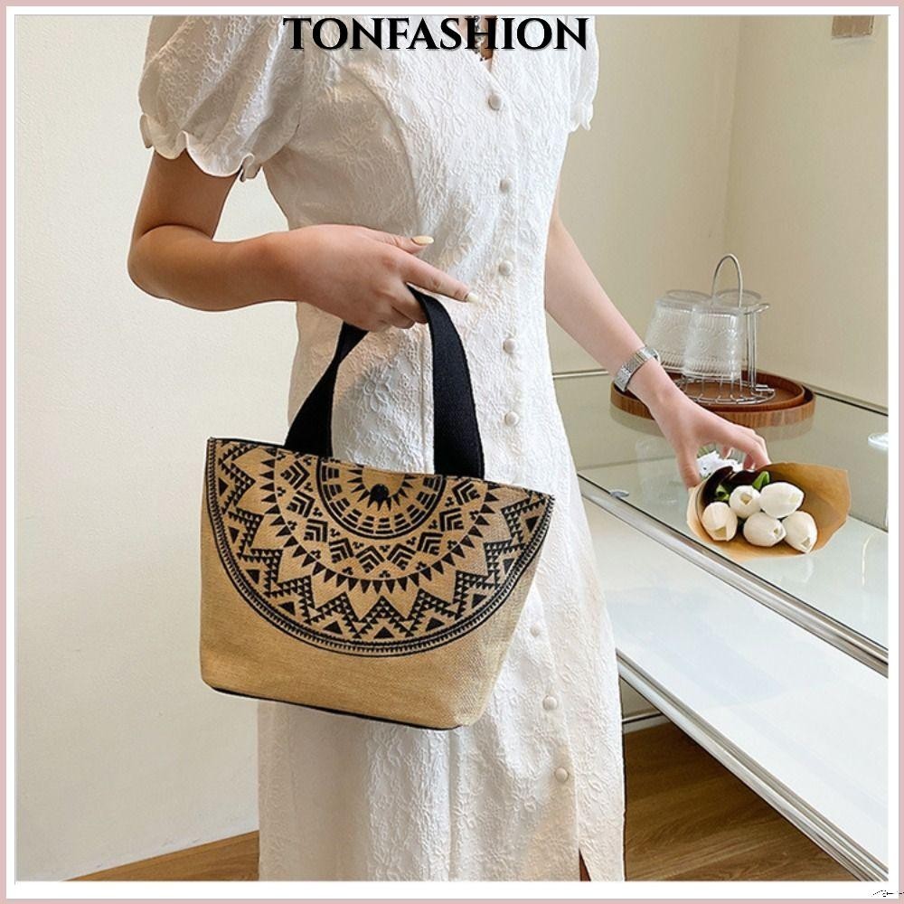 Tonfashion กระเป๋าถือ กระเป๋าสะพายไหล่ ผ้าลินิน พิมพ์ลายตัวอักษร ความจุขนาดใหญ่ แฟชั่นสําหรับสตรี