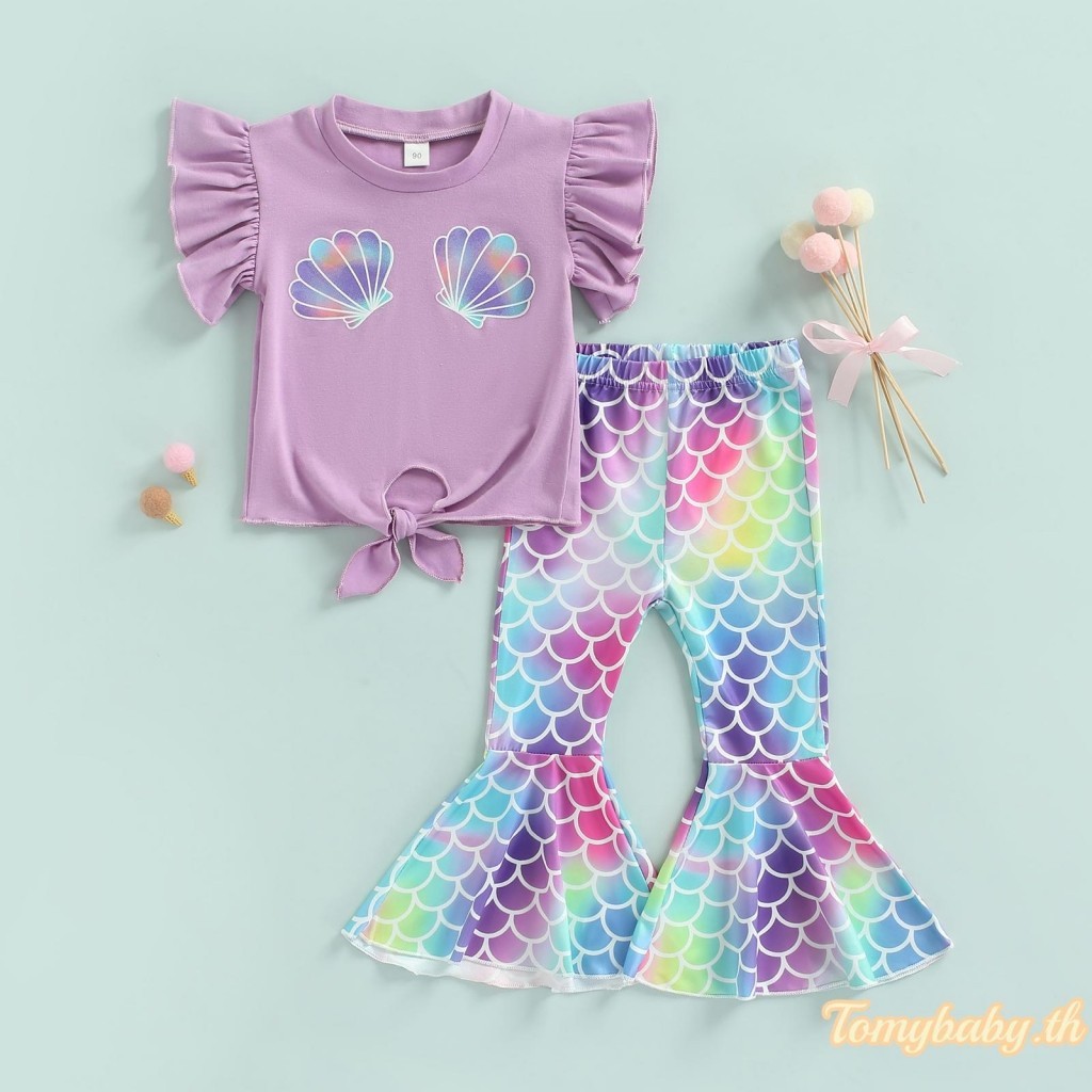 Tomybaby- ชุดเสื้อครอปท็อป แขนพอง พิมพ์ลาย และกางเกงขาบาน พิมพ์ลายเกล็ดปลา แฟชั่นฤดูร้อน สําหรับเด็กผู้หญิง