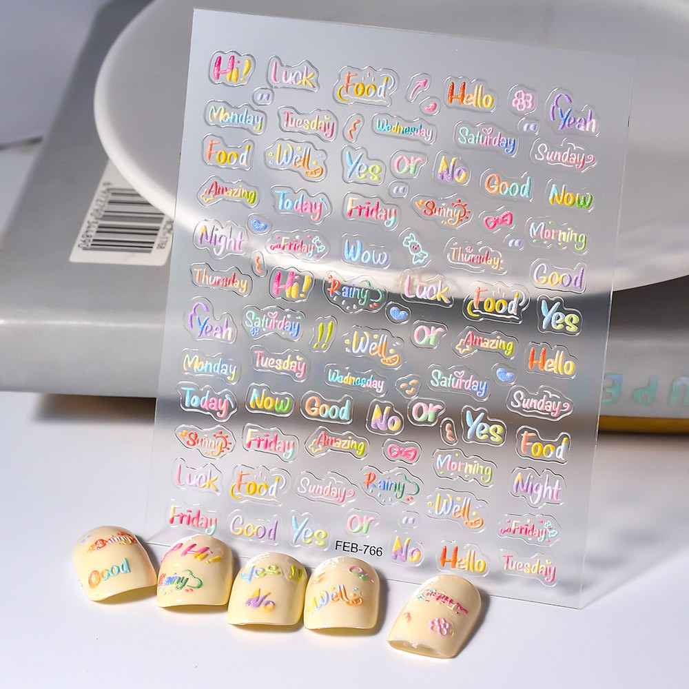 ใหม่ สติกเกอร์ ลายตัวอักษรภาษาอังกฤษ 5D สีพราว สําหรับติดตกแต่งเล็บ
