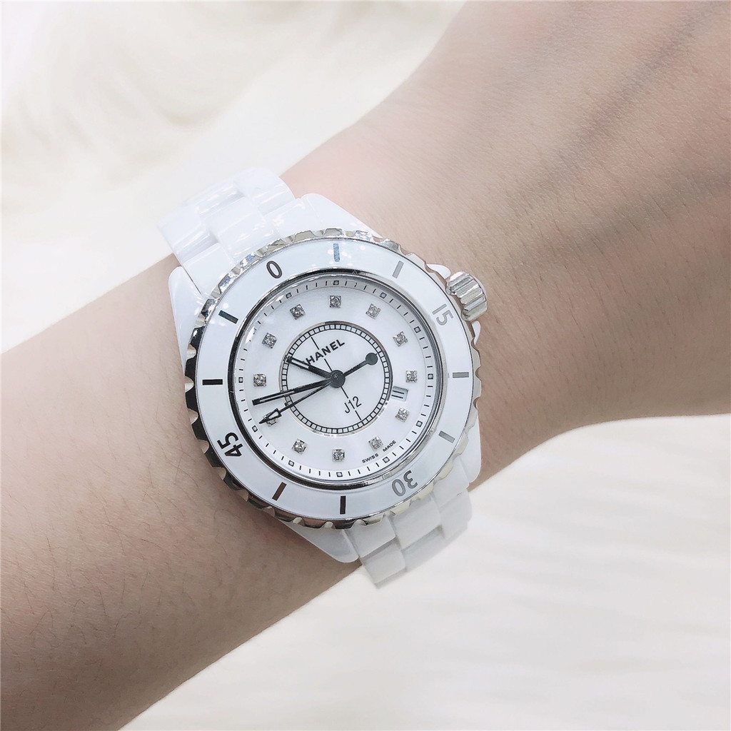 Chanel/j12 Series นาฬิกาข้อมือควอทซ์ สายเซรามิค ประดับเพชร ขนาด 35 มม. สีขาว สําหรับผู้หญิง