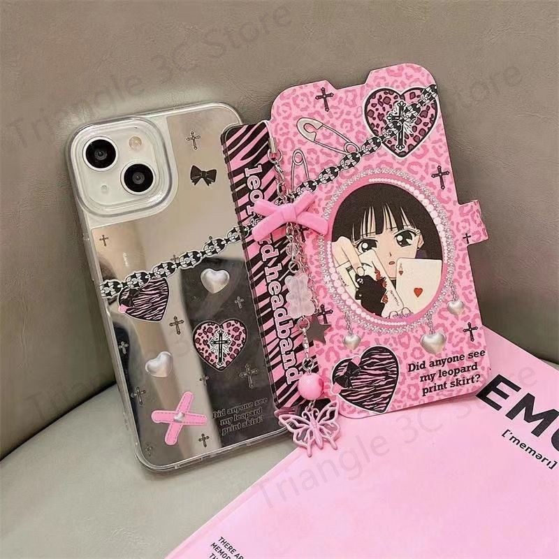 เคสโทรศัพท์มือถือแบบกระจก ฝาพับ ลายการ์ตูนโป๊กเกอร์ เด็กผู้หญิง แฟชั่นสร้างสรรค์ สําหรับ Iphone 14promax 13 14 12