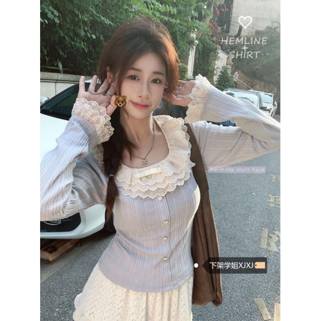 Slim-fit ลูกไม ้ All-match เสื ้ อยืดสั ้ นฐานหวาน 2023 ผู ้ หญิงแขนยาวออกแบบลูกไม ้ ฤดูหนาวสไตล ์ ใหม ่ MH6Q