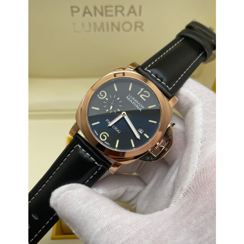 Panerai Panerai นาฬิกาข้อมือควอตซ์ สายหนังแท้ หน้าปัดสเตนเลส 44 มม. สีแดง สีทอง สําหรับผู้ชาย