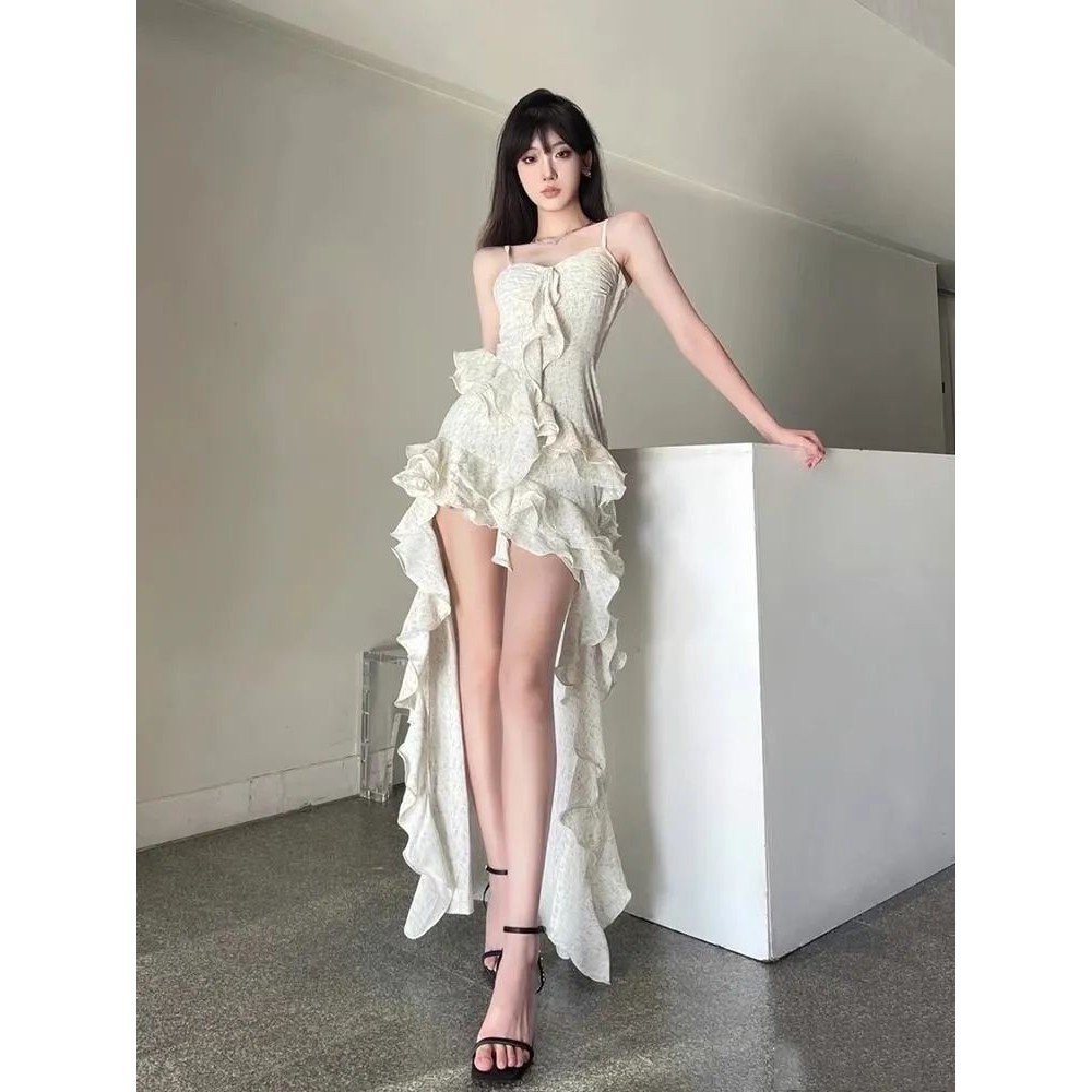 Classy กระโปรงยาวคนดังสลิง High-End Trailing กระโปรงเอวแคบไม่สม่ําเสมอด้านหน้าสั้นกลับยาวหญิง Bo