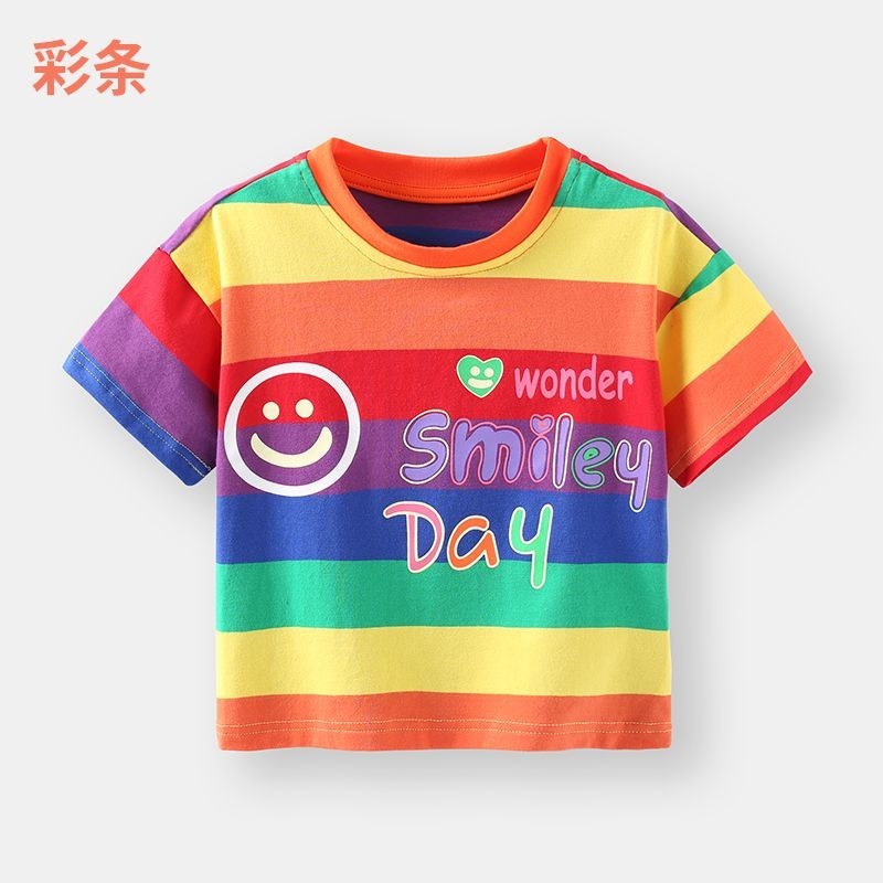เสื้อยืดแขนสั้น พิมพ์ลายทาง สีรุ้ง แบบแห้งเร็ว ระบายอากาศ แฟชั่นฤดูร้อน สําหรับเด็กผู้ชาย และเด็กผู้หญิง 2024