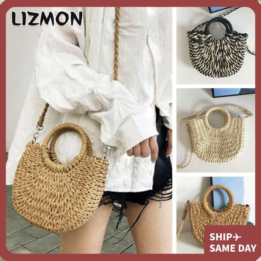 Lizmon กระเป๋าสะพายไหล่ ฟางสาน รูปดวงจันทร์ แฮนด์เมด ความจุขนาดใหญ่ สําหรับผู้หญิง 2023