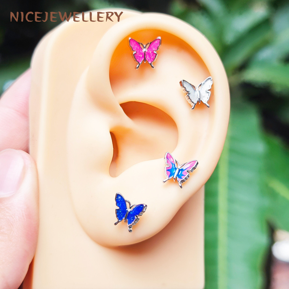 1 ชิ้นผีเสื้อรูปหูกระดูกเล็บสแตนเลสหู Studs 16G Antiภูมิแพ้กระดูกอ่อน Earlobe เจาะ