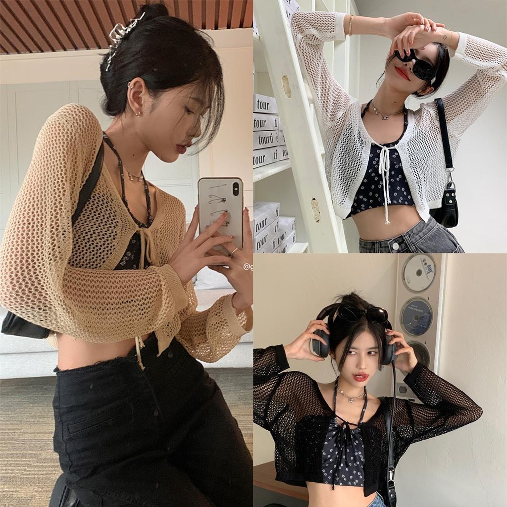 Lune_Grace รุ่น81011-1เสื้อคลุมแขนยาว ผ้าตาข่าย ดีเทลสายผูกตรงหน้าอก ซิทรู ใส่แมชต์กับสายเดี่ยวสวยมาก