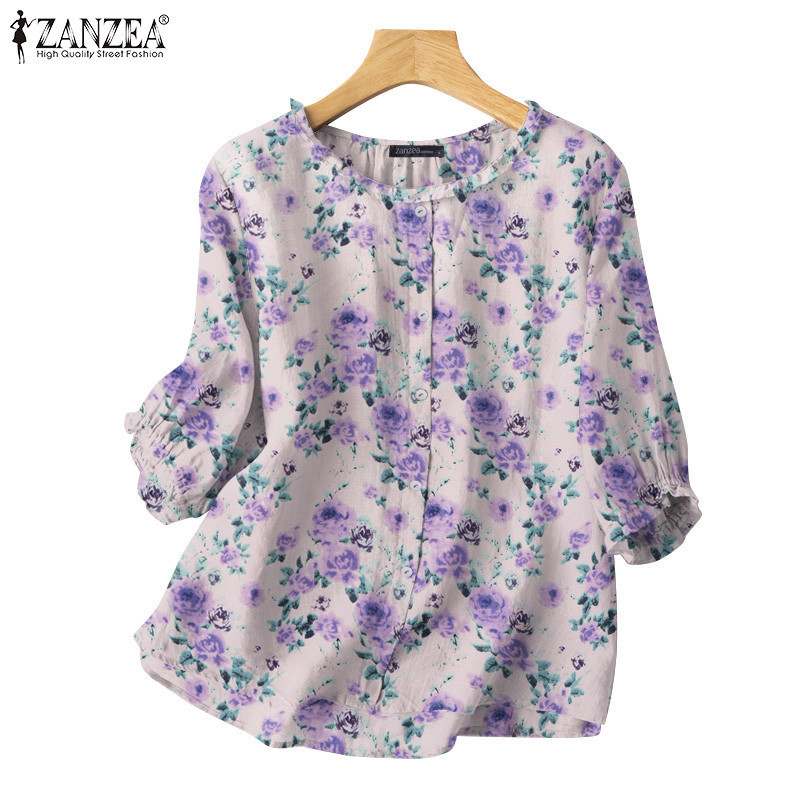 Zanzea เสื้อเบลาส์ คอกลม แขน 3/4 พิมพ์ลายดอกไม้ แฟชั่นสไตล์เกาหลี สําหรับผู้หญิง