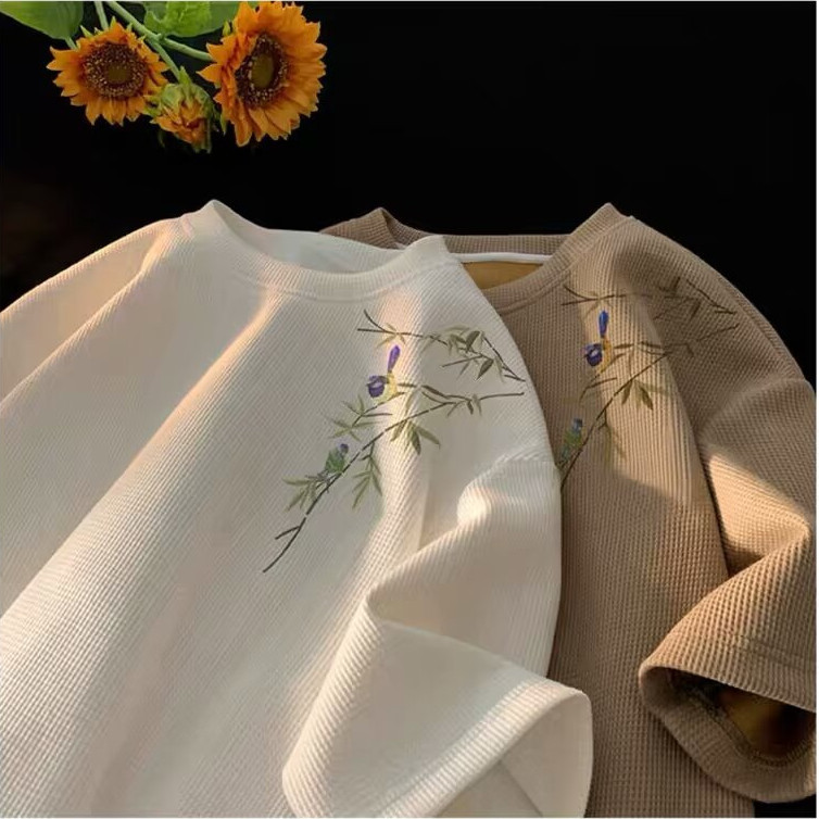 Waffle Oversize Streetwear Tเสื้อ Urbanแฟชั่นกระชับดอกไม้ไม้ไผ่พิมพ์เสื้ออินเทรนด์Harajuku Tee Niche