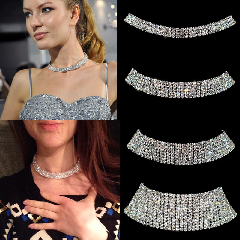 [ขายดี] สร้อยคอโชคเกอร์ ประดับเพชร คริสตัล สีเงิน เต็มตัว เซ็กซี่ แวววาว เครื่องประดับเจ้าสาว งานแต่งงาน