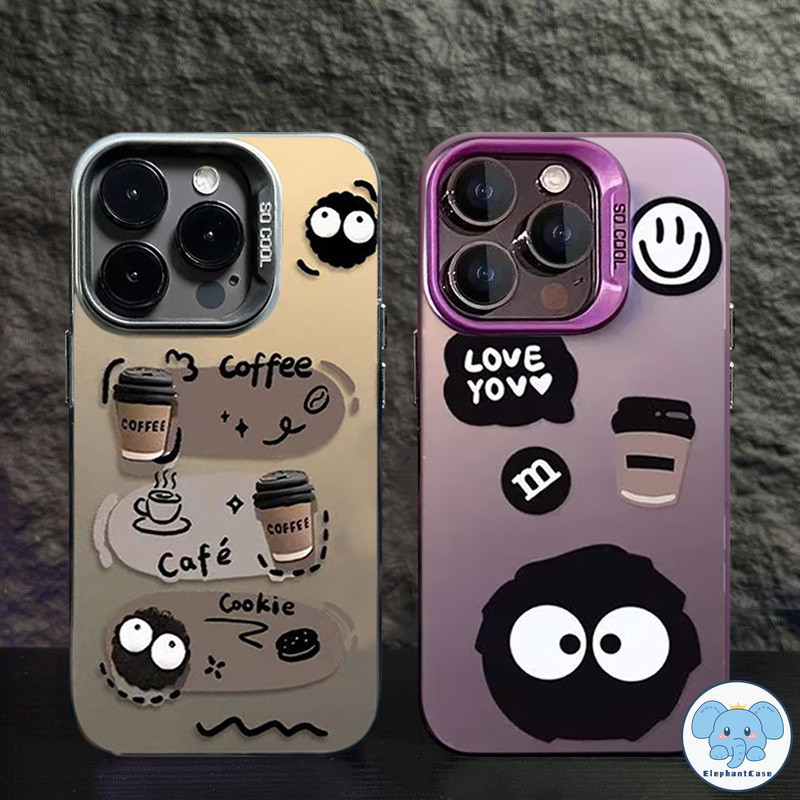คู่รักที่น่ารักลูกบอลถ่านหินยิ้มกาแฟปกหรูหรา iPhone 11 7Plus XR 15 12 14 13 Pro Max 8 15 7 Plus X XS Max