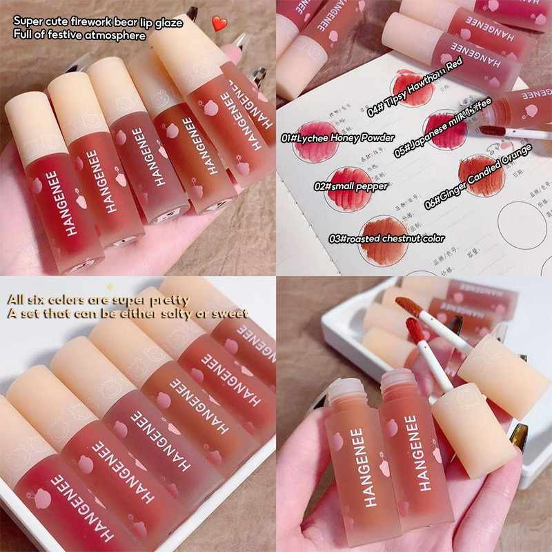 6 ชิ ้ นลิปสติก Liquid Set, Lustrous Mirror Dewy Finish, Moisturizing Long Lasting Lip Glaze Set, หมีน ่ ารักพิมพ ์