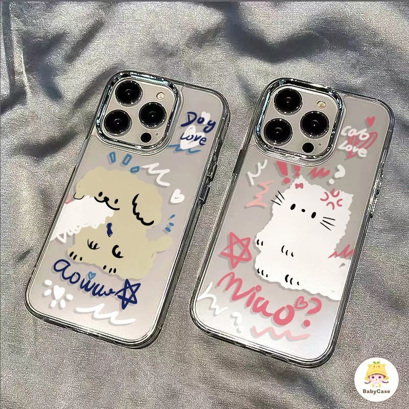 หรูหราชุบเลนส์โลหะน่ารัก Graffiti แมวสุนัขกรณีคู่สำหรับ IPhone 15 13 12 14 Pro Max 11 7Plus 8Plus XR 7 8 X XS Max