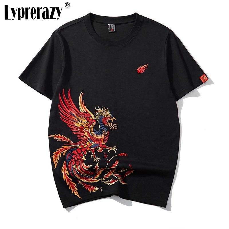เสื้อยืดแขนสั้น ผ้าฝ้าย ทรงหลวม ปักลายนกฟินิกซ์ สีสันสดใส แฟชั่นฤดูร้อน สไตล์จีน