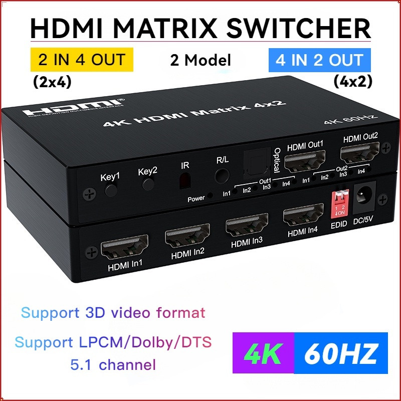 4k 60Hz HDMI Matrix Switcher 4x2 2x4 HDMI Switcher Splitter 4 in 2 Out with Optical + 3.5 มม. Audio 