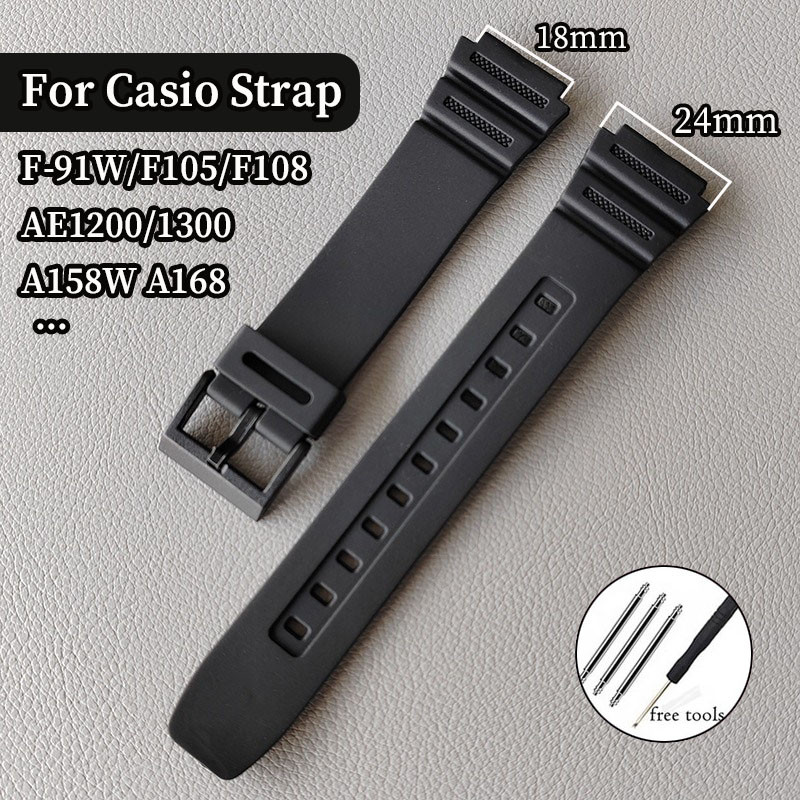 18 มม.ยางซิลิโคนเรซิ่นนาฬิกาสําหรับ Casio F-91W F105 F108 A158W A168 AE1200 AE1300 สายคล้องคอผู้ชายผู้หญิงสีดําสร้อยข้อมือกีฬา