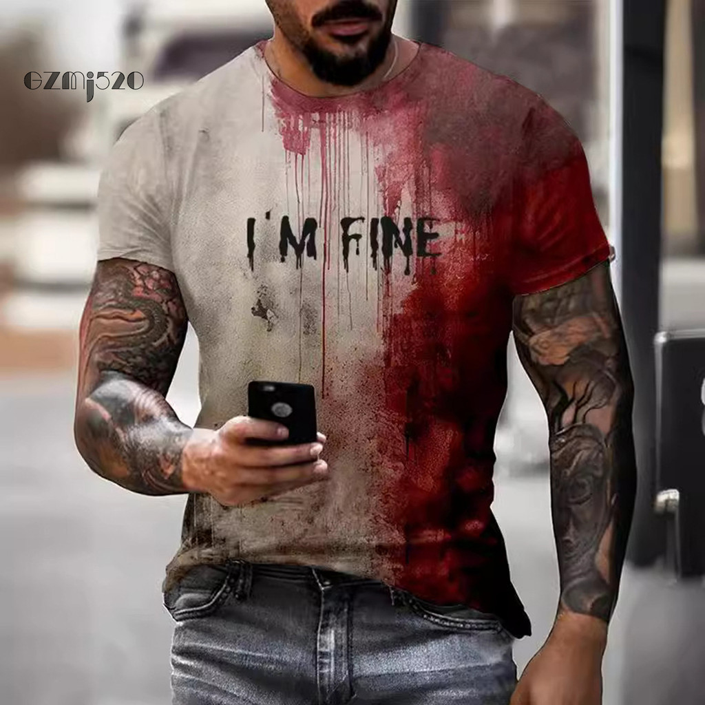 [GZMJ] Halloween Blood Stain เสื้อยืดแขนสั้นคอลูกเรือผู้ชาย Casual Top Creepy Problem Solved Im Fine