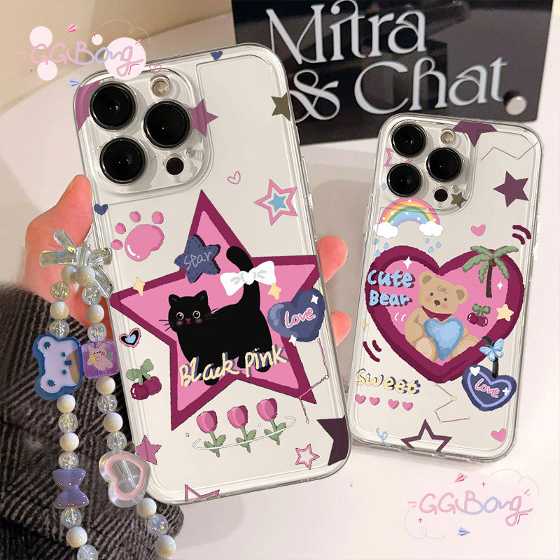 แฟชั่นเชอร์รี่ดาวสีดำลูกแมวดอกไม้หมีรักกรณี เคสไอโฟน 11 7Plus 13 XR 15 14 12 Pro Max 7 14 15 8 6s Plus XS Max X SE