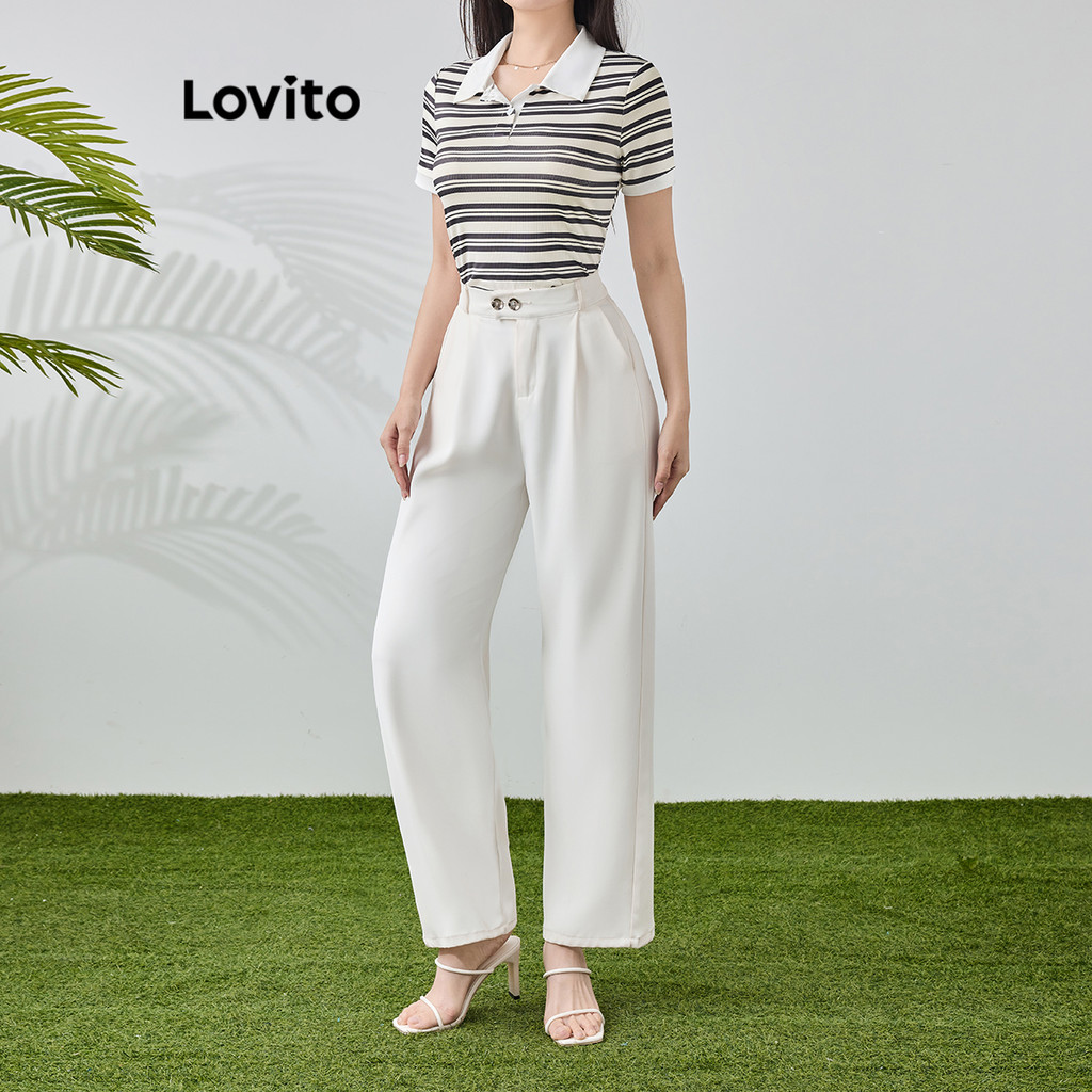 Lovito เสื้อยืดลําลอง บล็อกสี ลายทาง สําหรับผู้หญิง L113MD235