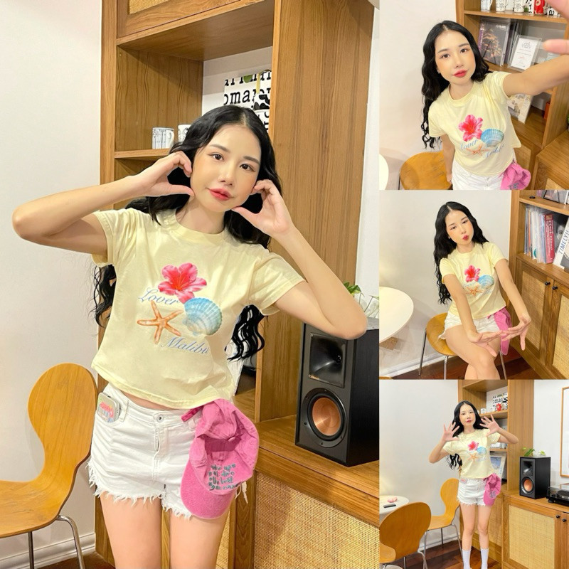 (จัดส่งตลอด 24 ชั่วโมง）OOOK Official✨ชุดเที่ยว - เสื้อครอป เสื้อยืดคอกลมแขนสั้น ทรง slimfit ผ้า cotton 100%