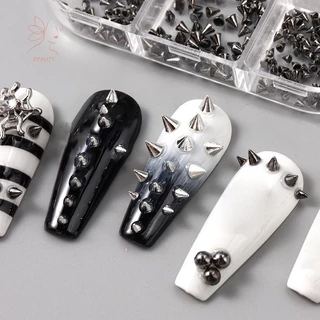 [maybeauty] 6 กริด Y2K Punk โลหะ Rivet เล็บ Charms กรวยผสม Sized สีดําเงินเล็บ Studs 3D สไตล์โลหะผสม Spike สําหรับ DIY เล็บตกแต่ง {TH}