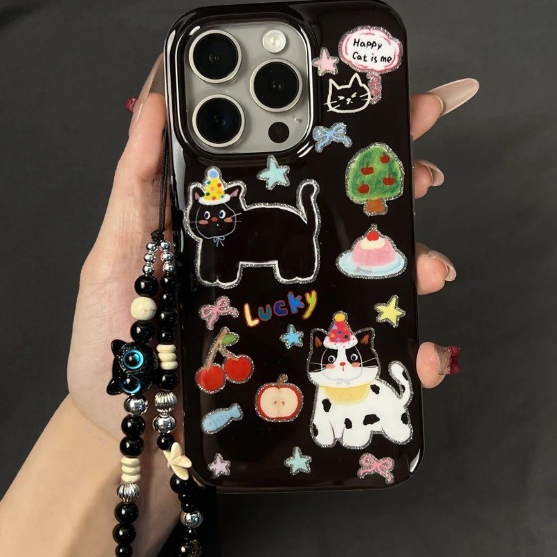 Iphone 16 15 14 13 12 11 Pro Max X Xr Xs Max 7 8 Plus SE2020 เคสโทรศัพท์การ์ตูน Happy Lucky Black Cat + Lanyard คู่ Clear Soft ฝาหลัง