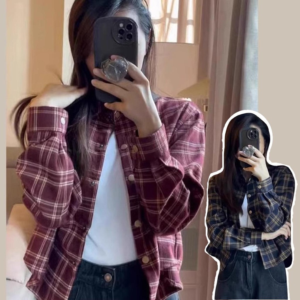 เสื้อเชิ้ตแขนยาว กระดุมหน้า ลายสก็อต เนื้อผ้าดีมีน้ำหนัก ทรงหลวามแฟชั่นญี่ปุ่น โอเวอร์ไซส์ BF สไตล์แฟนหนุ่ม รุ่นW274#