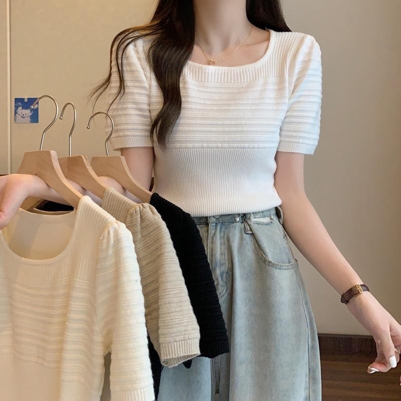 KOKO 26108 เสื้อไหมพรมแขนสั้นผ้านิ่มยืด น่ารักๆ เสื้อยืดแฟชั่นสไตล์เกาหลีผู้หญิง