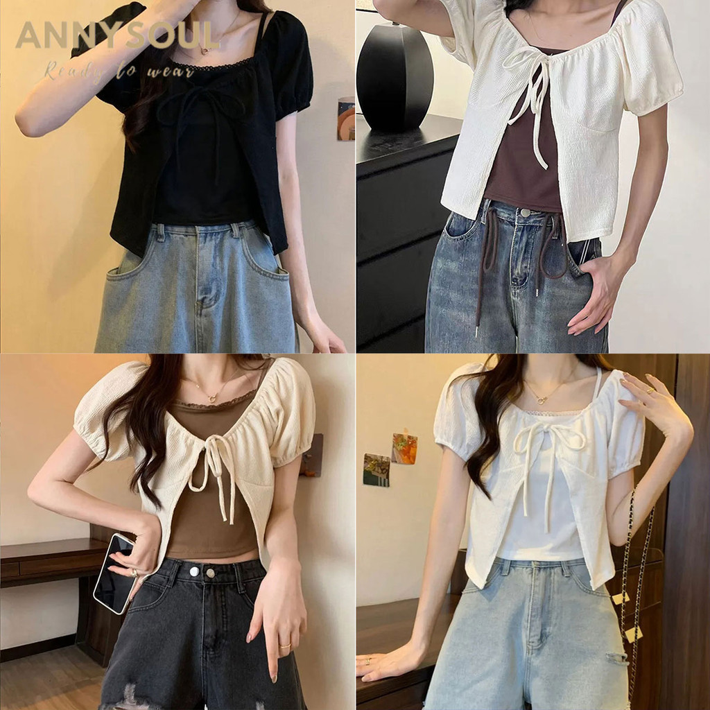 เสื้อแฟชั่น ดีเทลเป็นสองชิ้นแบบเย็บติด ผูกอกแขนตุ๊กตา สไตล์เกาหลี