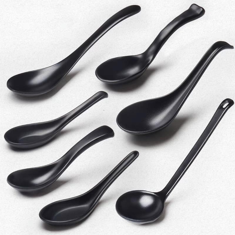 in stock#Melamine Imitation Porcelain Soup Spoon Black Frosted Spoon Chinese Creative Spoon Plastic 