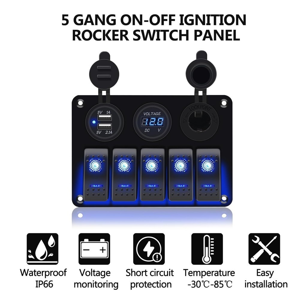 แผงสวิตช์ไฟ LED 4 5 6 ดวง อะลูมิเนียม กันน้ํา พร้อมซ็อกเก็ต USB 3.1A โวลต์มิเตอร์ 12V สําหรับรถยนต์ รถบรรทุก เรือ RV - รูปที่ 5