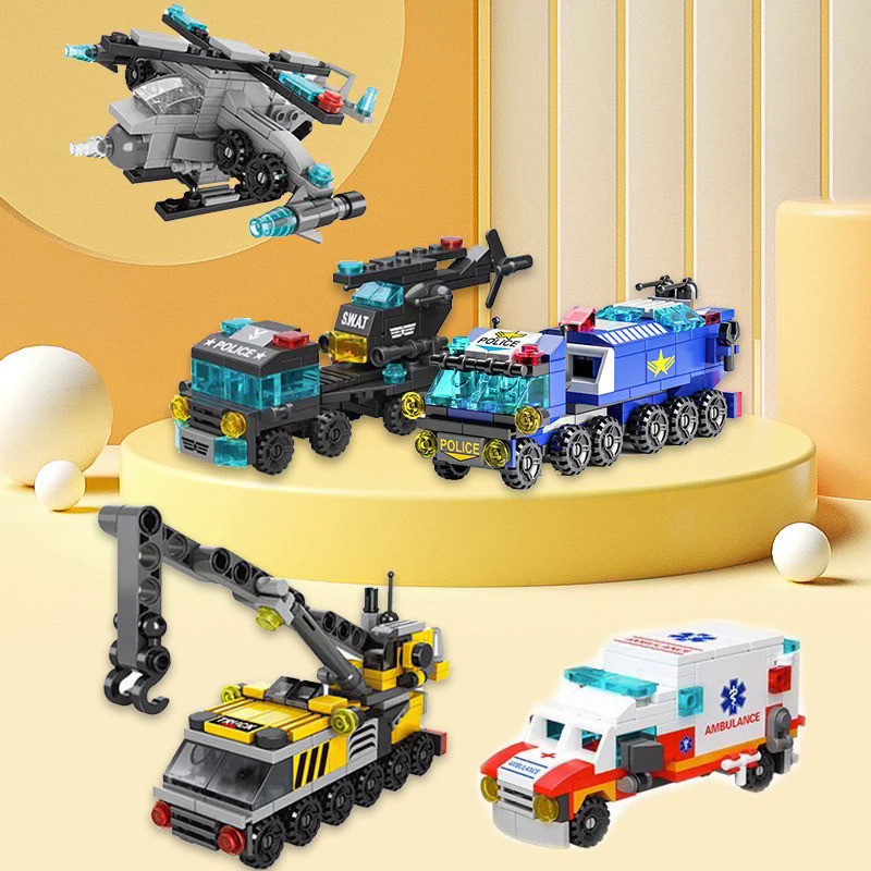 6IN1 Building Blocks City Fire Car Engineering Crane Tank Helicopter Police Truck  Bricks Set Toys f