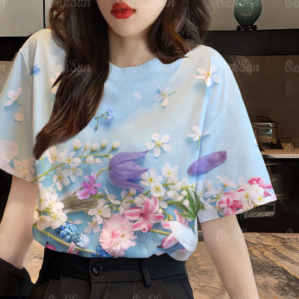 (มีสินค้า) เสื้อยืดแฟชั่นสตรี เสื้อยืดลําลอง แขนสั้น พิมพ์ลายดอกไม้ สไตล์ฮาวาย ระบายอากาศ เสื้อลายดอก2568