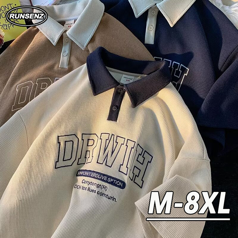 เสื้อโปโลแขนสั้นลําลอง ปักลายวาฟเฟิล ทรงหลวม พลัสไซซ์ แฟชั่นเกาหลี สําหรับผู้ชาย ไซซ์ M - 8XL