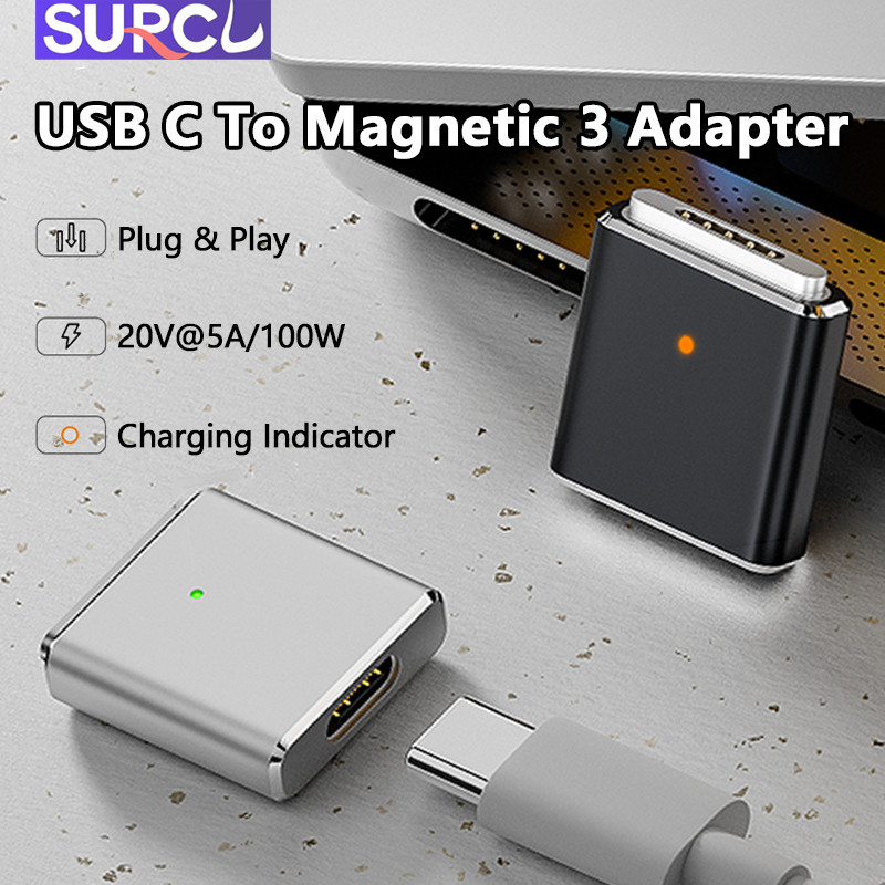 Suprcl อะแดปเตอร์แปลงชาร์จ Type C เป็น Magnetic 3 PD 100W 20V 5A สําหรับ MacBook Pro 14 นิ้ว 16 นิ้ว 2021 M1 Pro Max MacBook Air 2022 M2 MacBook Pro 2023 M2 Pro Max เป็นต้น