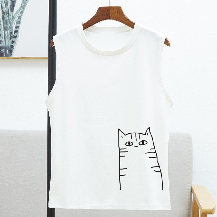 หน้าร้อน ล่าสุด ลายการ์ตูนแมว คอลูกเรือ เสื้อแขนกุด 8สี S~3XL