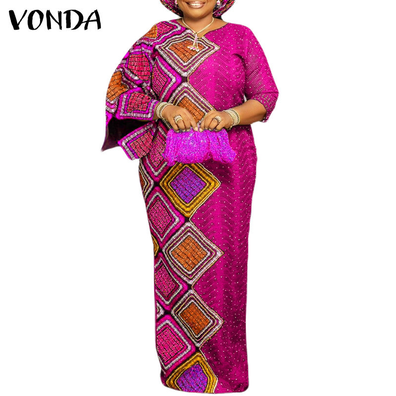 Vonda ชุดเดรส คอวี แขนเจ็ดส่วน พิมพ์ลาย สไตล์วินเทจ สําหรับผู้หญิง