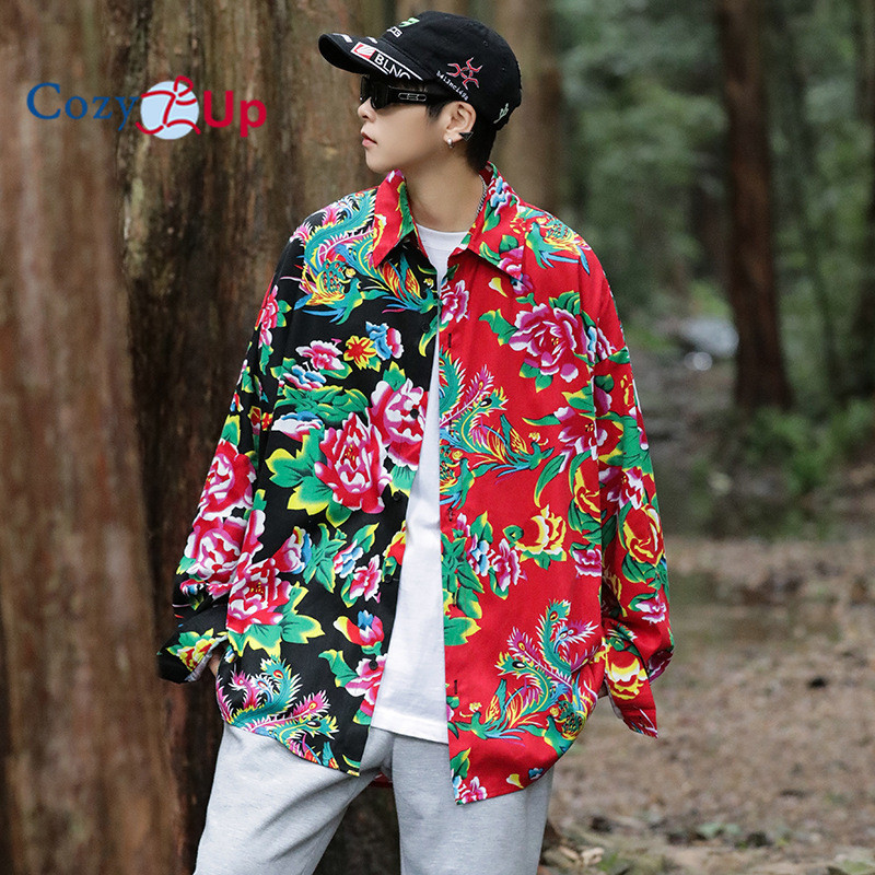 Cozy Up เสื้อเชิ้ตแขนยาวลายดอกไม้ขนาดใหญ่สําหรับผู้ชายและผู้หญิงหลวม Hanfu