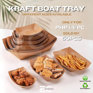 [EC] 50Pcs Kraft Boat Tray PE Coated Disposable Hotdog Boats Kraft PaperFood Packing Tray Snacks