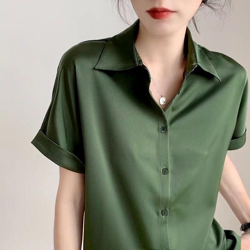 เสื้อเบลาส์ แขนสั้น ผ้าซาติน ผ้าไหม สีพื้น พรีเมี่ยม สําหรับผู้หญิง