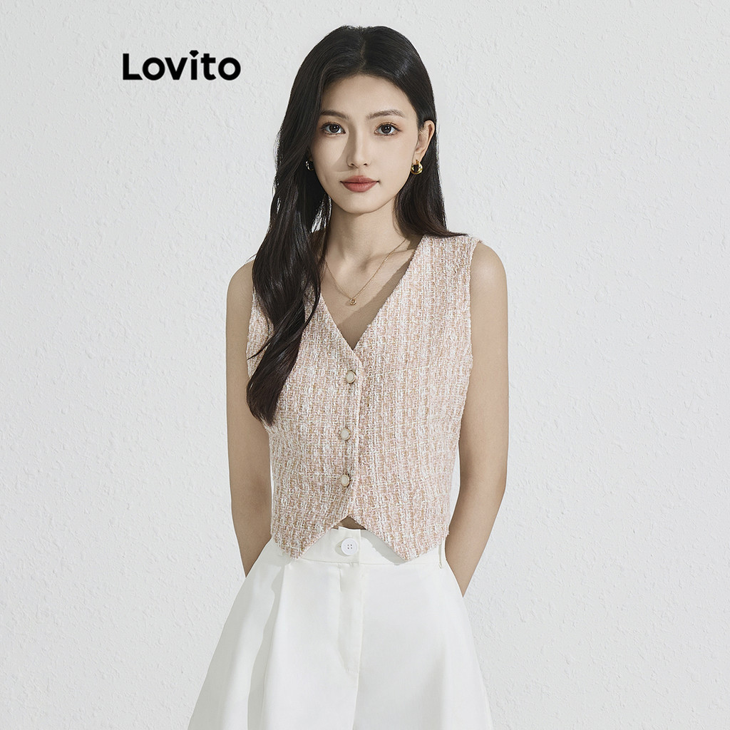 Lovito เสื้อแขนกุดผู้หญิง ผ้าทวีด แต่งกระดุมไข่มุก สีพื้น สไตล์หรูหรา L77ED221