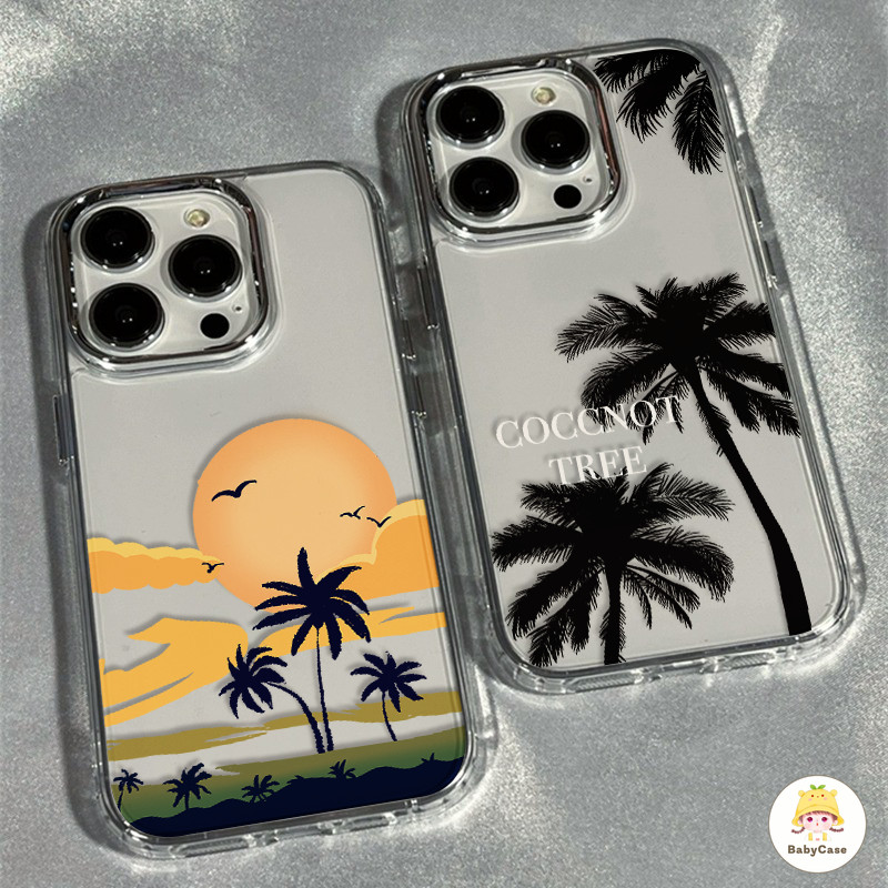 หรูหราชุบเลนส์โลหะ Sunset Coconut Tree Scenery Case สำหรับ IPhone 15 11 12 13 14 Pro Max XR 7 8 Plus X XS Max SE