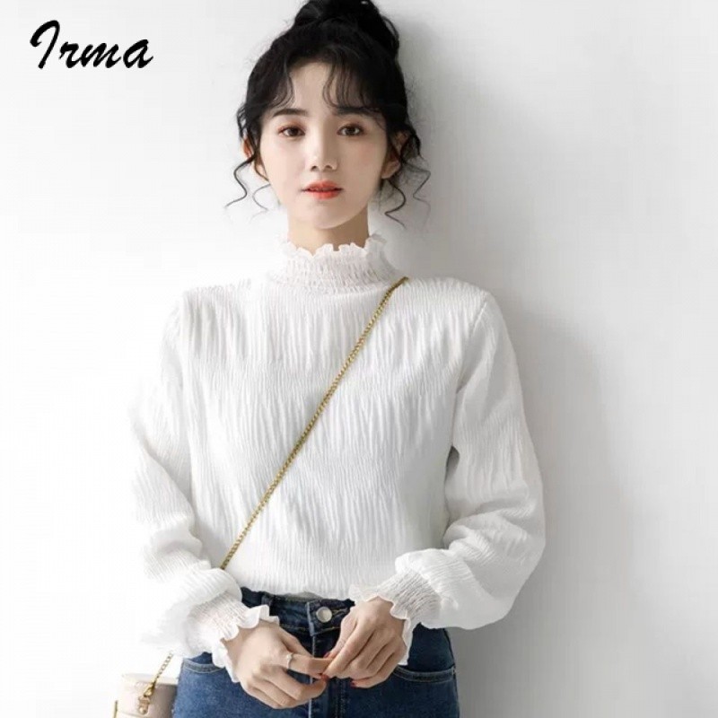 เสื้อชีฟอง คอเต่า แต่งลูกไม้ สีขาว แฟชั่นฤดูหนาว สําหรับผู้หญิง 2023