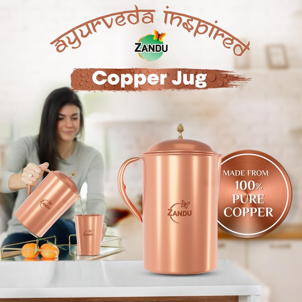 Zandu Copper Jug (2 L): Ayurveda Inspired | 100% Pure Copper |Supports Digestive & Liver Health| Boosts Immunity