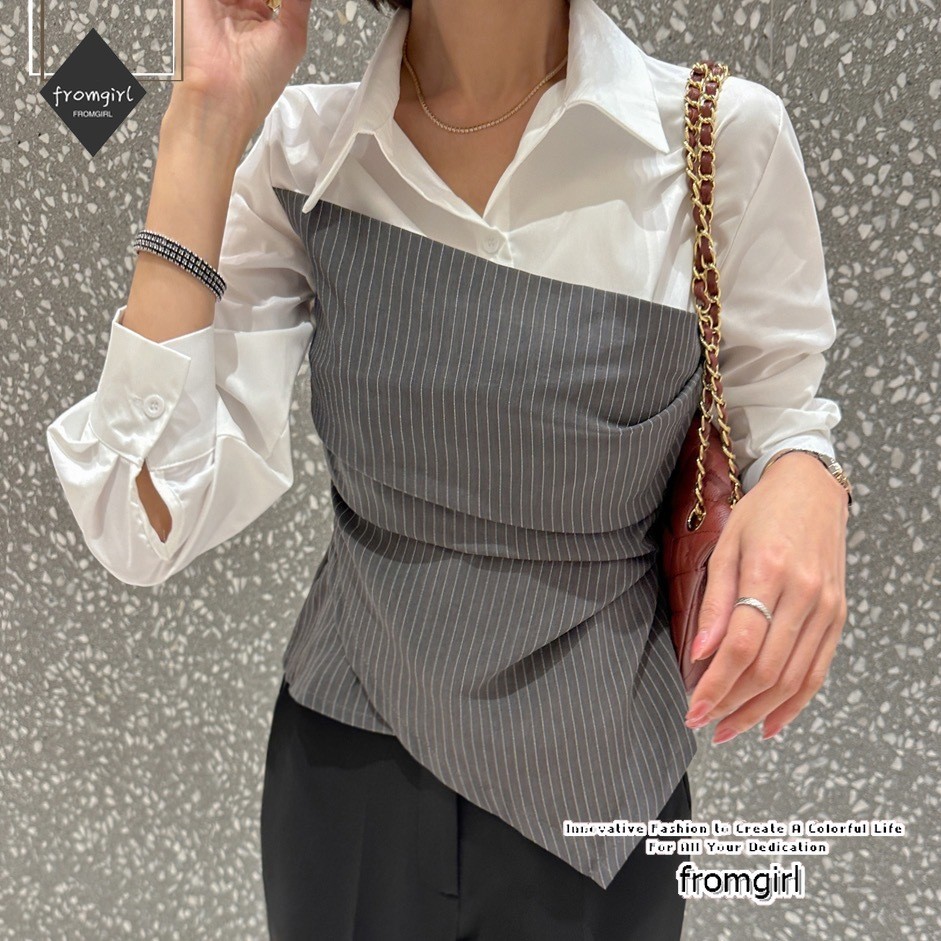 เสื้อเชิ้ตลาย เสื้อแขนยาวเข้ารูปพร้อมเสื้อพับ
